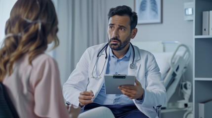 Fototapeta premium A doctor with a clipboard attentively listens to a patient during a consultation.