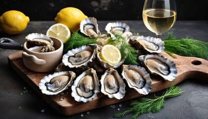 Opened oysters on a cutting Board with white wine, a bunch of dill and lemon slices. On dark rustic...