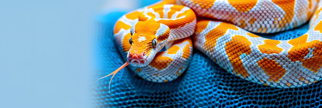 a large orange and white snake laying on top of a blue and white surface with it's tail curled up.