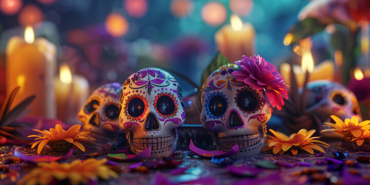 A close-up of beautifully decorated sugar skulls amidst a dazzling floral arrangement under atmospheric lighting