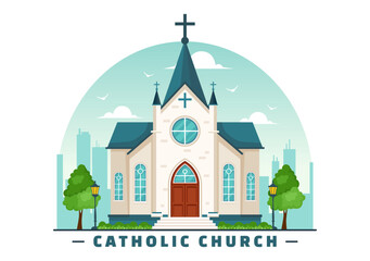 Cathedral Catholic Church Building Vector Illustration With Architecture, Medieval and Modern Churches Interior Design in Flat Cartoon Background