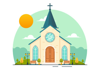 Obraz na płótnie Canvas Cathedral Catholic Church Building Vector Illustration With Architecture, Medieval and Modern Churches Interior Design in Flat Cartoon Background