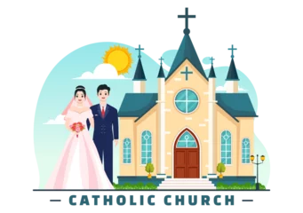 Fotobehang Catholic Church Cathedral as a Sacred Place for Weddings Flat Cartoon Background Vector Illustration © denayune