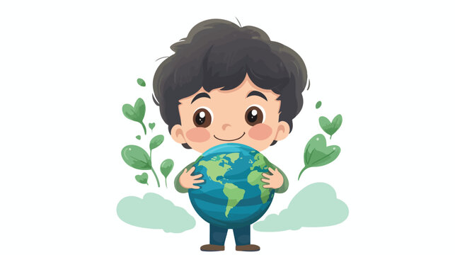 Cute boy hold the earth kawaii cartoon for earth day