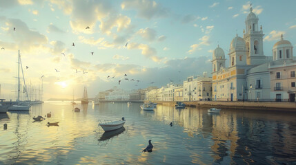 Sunset over a serene canal city, reflecting the sky's vibrant hues onto calm waters, amidst a tranquil evening scene