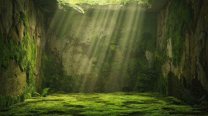 An abandoned building overgrown with moss and green forest vegetation. Old peeling walls, texture of crumbling plaster. Sun rays from a hole in the ceiling. Old architecture, nature.