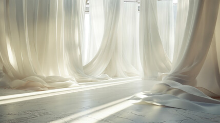 Empty art space. A room in warm beige tones with windows and fabrics and curtains hanging from the...