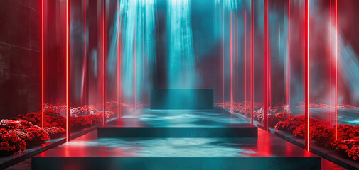 Podium in a red room with a laser show and projection of rose flowers on the walls. Background for magazine covers, concert articles and visual effects. Epic price for dancing. Concerts and events. - obrazy, fototapety, plakaty
