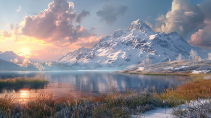 Sunrise illuminates mountain and lake scenery