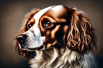 Closeup portrait of a purebred hunting dog breed wearing a brown leather collar outdoors in field in fall season. Banner with haunting springer spaniel - obrazy, fototapety, plakaty