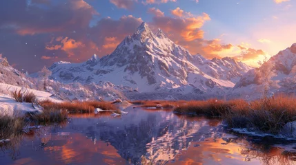 Foto op Canvas Mountain Sunset Serenity: A breathtaking scene of the sun setting over snow-capped peaks, casting warm hues over a tranquil lake amidst a majestic alpine landscape © Jeeraphat