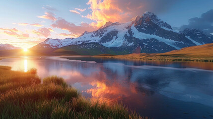 Fototapeta na wymiar Mountain Lake Sunrise and Sunset Reflections in Nature's Panorama