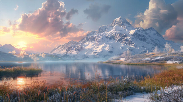 Sunrise illuminates mountain and lake scenery