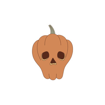 Groovy Halloween pumpkin dead head skull skeleton shape vector illustration isolated on white. Hand drawn retro October 31 holiday wild west aesthetic print poster postcard design.