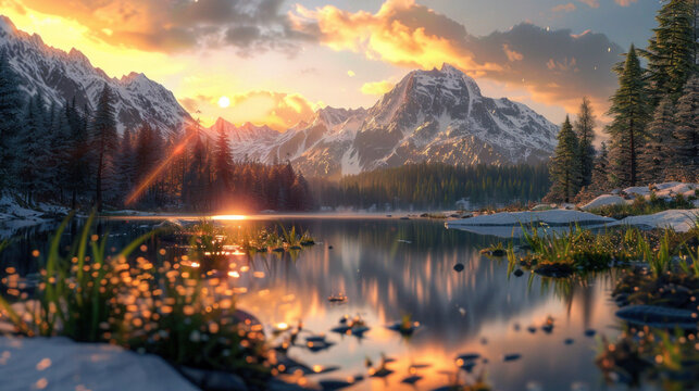 Mountain Lake Sunset Sunrise Sky Reflection Landscape Nature Scenery