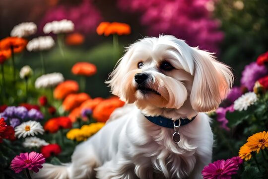 Close-up portrait photography of a cute maltese giving the paw against colorful flower gardens background
