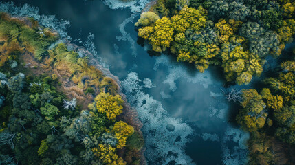 An aerial view of a river and lush forests.