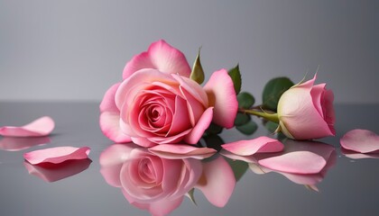 Pink rose petals on gray reflective background