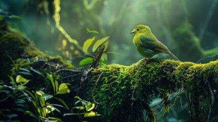 Green parrot perched on a branch in a vibrant natural setting - obrazy, fototapety, plakaty
