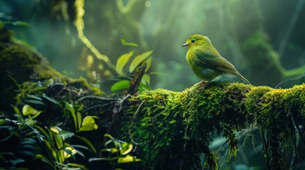 Raamstickers Green parrot perched on a branch in a vibrant natural setting © Jeeraphat