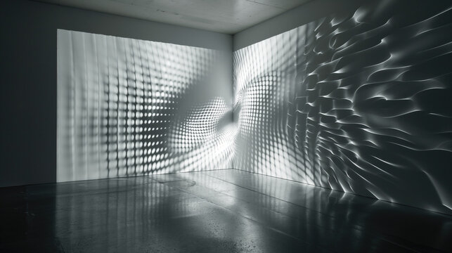 Futuristic space for covers of art magazines, website design. Ideas for visual effects. Room with an abstract installation. Volumetric projection of stripes and figures. Light show, modern design.