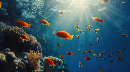 Fototapeta na wymiar Yellow tang fish swimming in vibrant underwater sea life with colorful coral reef and tropical fishes