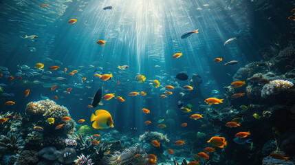 Fototapeta na wymiar Coral Reef with Colorful Fish Swimming in Tropical Ocean