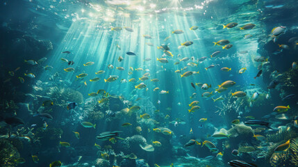 Underwater scene teeming with life: fish school around vibrant coral reef