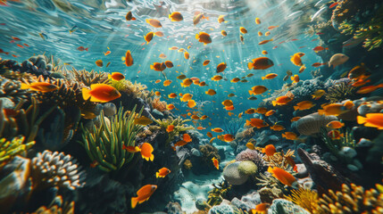 Fototapeta na wymiar Fish swimming in the sea with a colorful coral reef backdrop