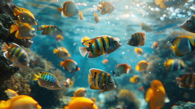 Yellow tang fish swim in colorful coral reef, showcasing vibrant marine life underwater