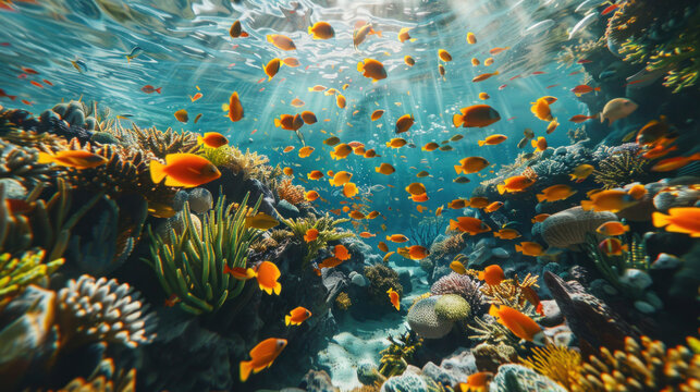 Fish swimming in the sea with a colorful coral reef backdrop
