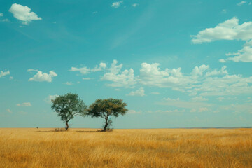 Serene Meadow with Trees Under the Blue Sky