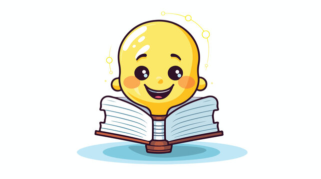 Cute happy smiling book with light bulb. 