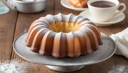 Pound cake baked in a bundt pan, traditional vanilla or sour cream flavor, dusted with powdered sugar - obrazy, fototapety, plakaty