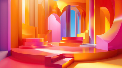 A bright, colorful backdrop with a stage featuring various geometric shapes and a combination of...