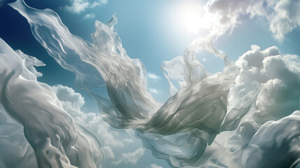 An artistic depiction of billowing white cloths, dancing against a backdrop of a sunny blue sky...