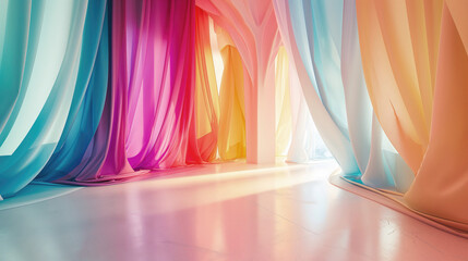 Vibrant room with rainbow-colored curtains illuminated by soft, natural light, evoking warmth and energetic atmosphere