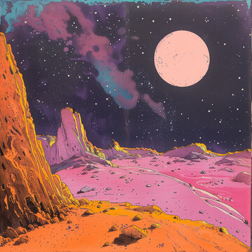 moon landscape psychedelic risograph print vintage album cover record vinyl art