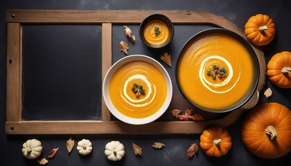 pumpkin soup on the chalkboard. top view