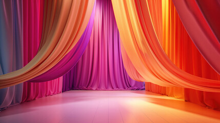 An array of luxurious, colorful curtains drape elegantly in a grand hall, creating a stunning visual display