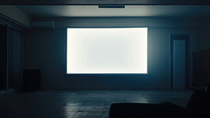 An empty cinema theater with comfortable red seats facing a blank white screen ready for a movie to be projected