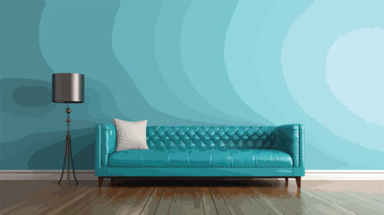 Cyan leather couch in interior of living room