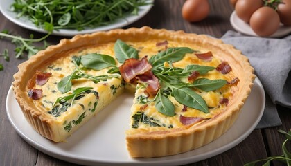 Quiche with cheese, arugula and bacon on a table