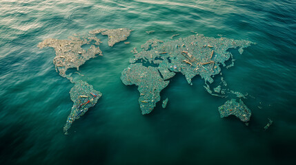 Floating trash forming a world map on water surface. Sustainability and eco consciousness concept.
