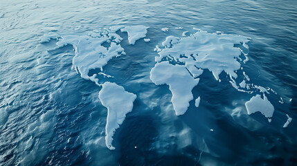Aerial view of melting icebergs forming world continents shape. Climate change and global warming concepts.