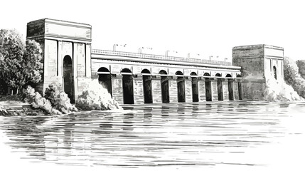 Dam on the Seine at Suresnes vintage engraved illustration 