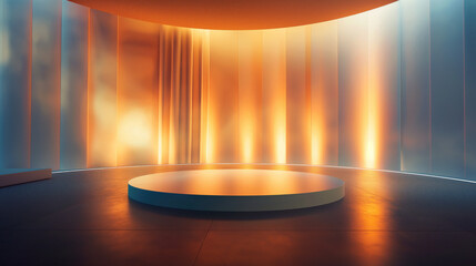 A contemporary and minimalist circular stage design illuminated by vibrant orange hues casting soft...