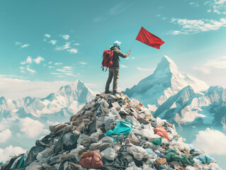 Man standing on the top of garbage dump in form of mountain and holding a red flag as a symbol of global pollution problem.
