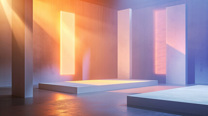 A striking image with a stage and a minimalist interior with concrete vertical slabs, bathed in colorful abstract light, creating a serene and futuristic atmosphere.