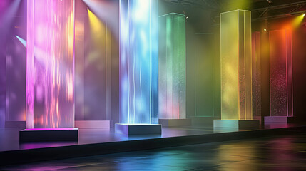A vibrant and dynamic stage design using vertical light beams with a smoky effect, creating an...